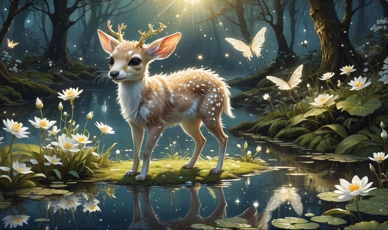 Ethereal Fantasy Fawn Weasel in Mystical Forest