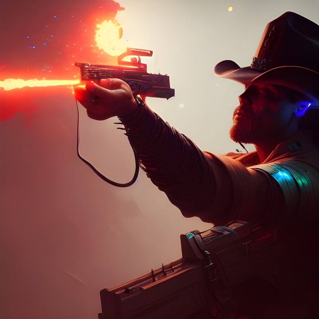 Cyberpunk Marshal Fires Iridescent Gun in Dark Western Fanta...