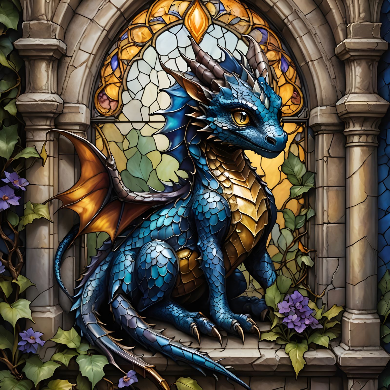 A babydragon in Lila and blue, golden eyes, with his paws fro his eyes,peeping at the of a gothic window from outside.Ba...