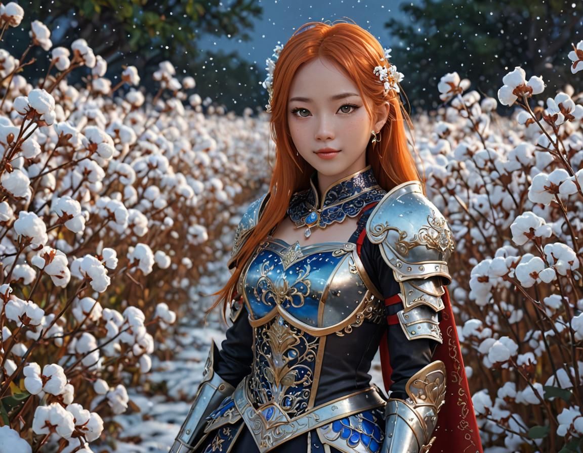 Elegant Knight Maiden Amidst Enchanted Cotton Flowers