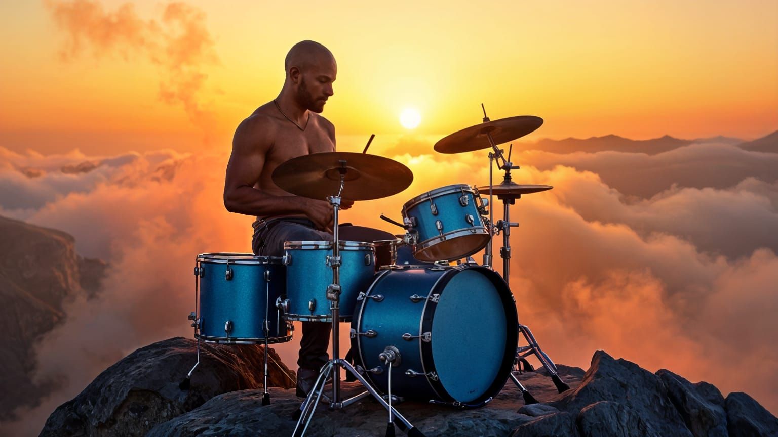 Drummer Plays Sunset Mountain Concert on Blue Sparkle Drums