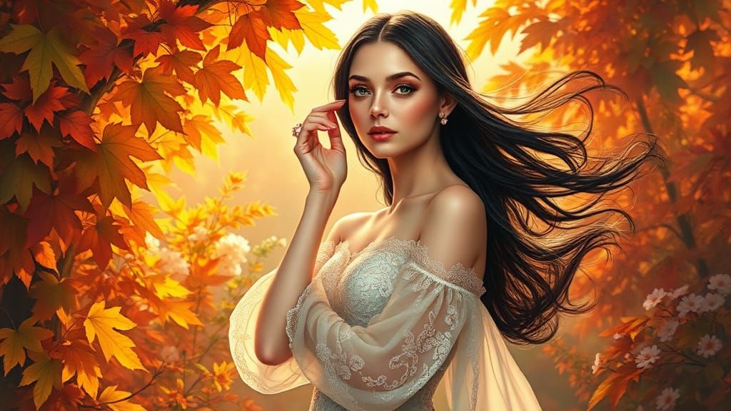 Elegant Woman Surrounded by Autumn Foliage in Vibrant Colors