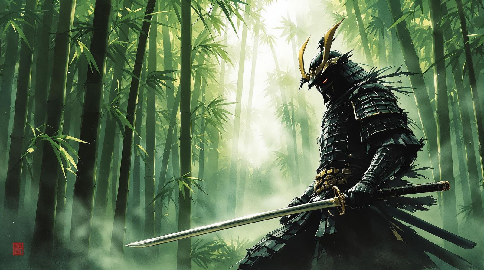 Samurai Warrior in Bamboo Forest, Japanese Ink Wash Style