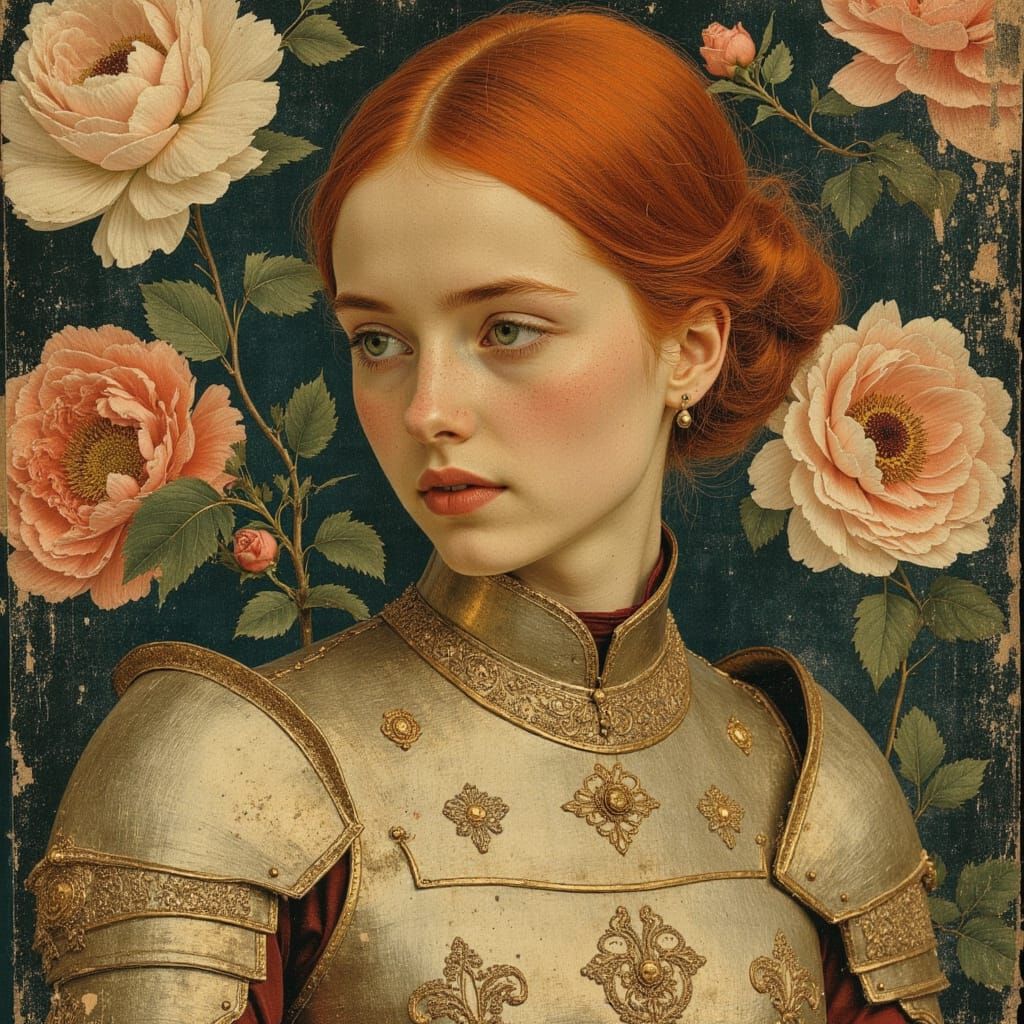Pre-Raphaelite Queen in Armour with Floral Accents