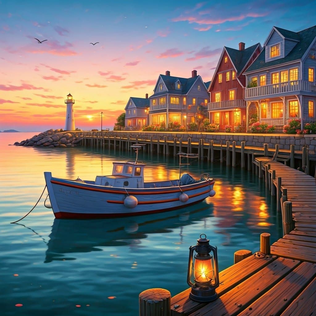 Coastal Village at Sunset in a Whimsical Art Style