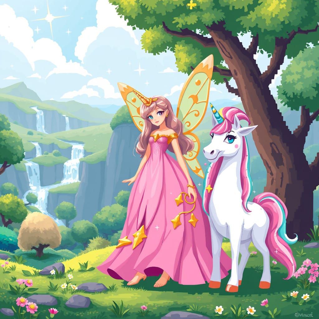Whimsical Pixel Art Fairy in a Lush, 2D Kingdom
