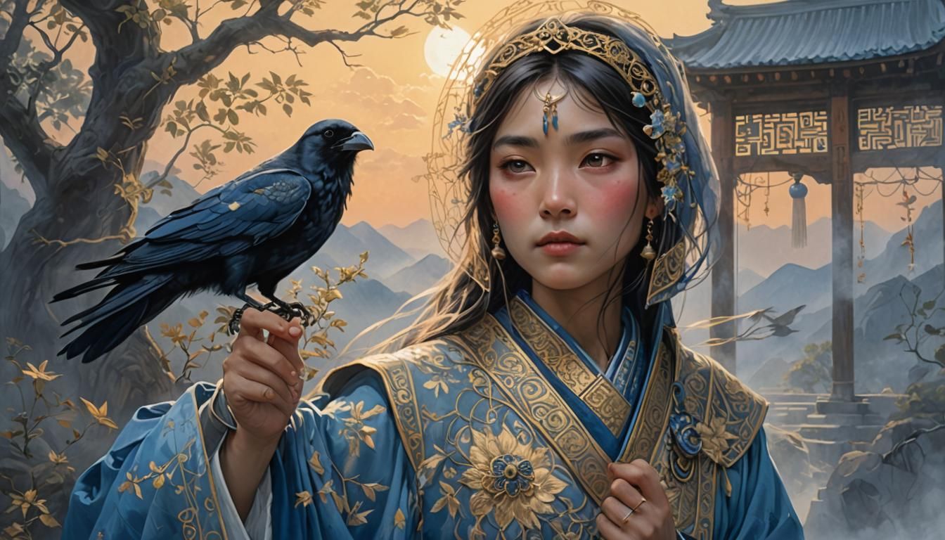 Medieval Fantasy Shrine Maiden in Blue and Silver Robes