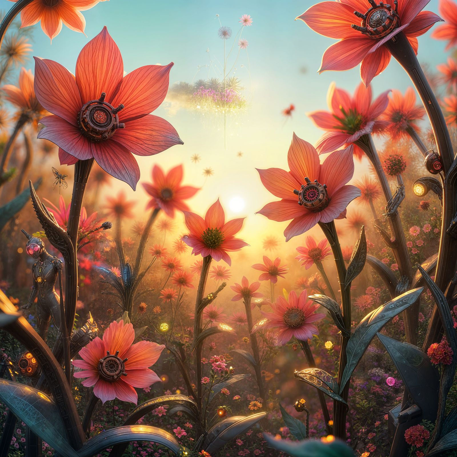 Surreal Futuristic Garden Blooms with Joyful Robotic Flowers