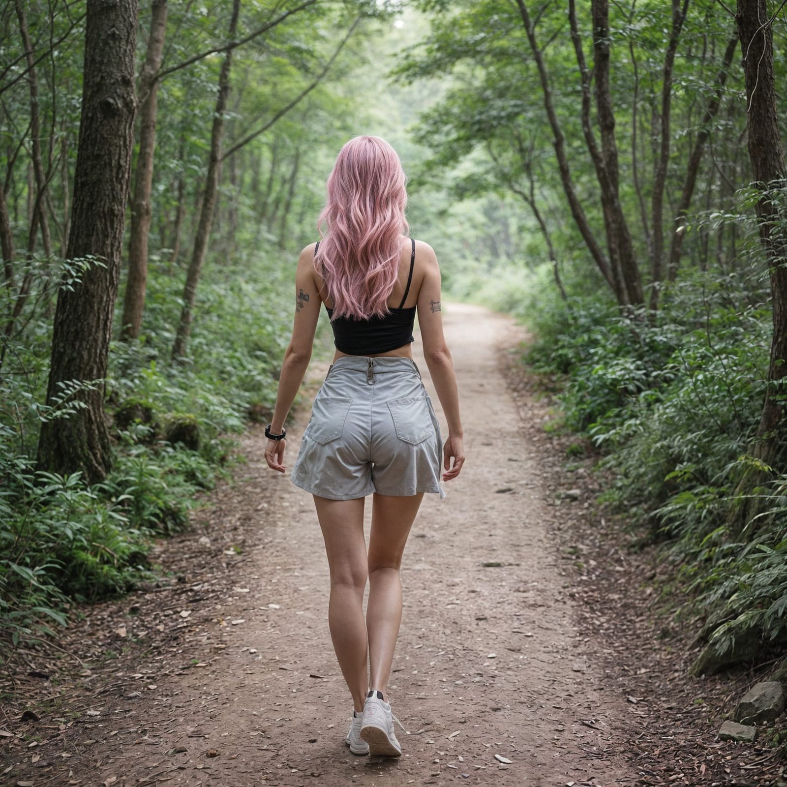 Streamer on Forest Trail with Pink Hair