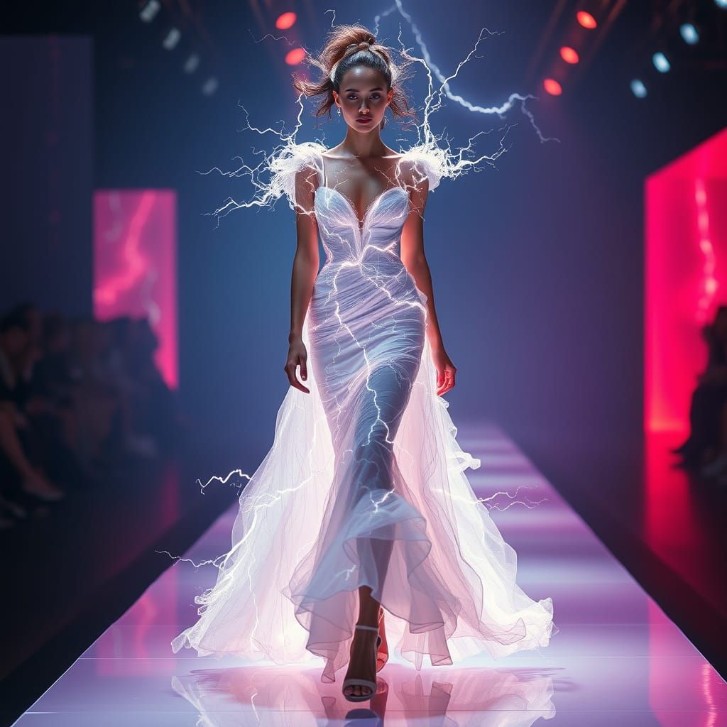 Ethereal Model Strides Down Neon-Lit Catwalk in Cyberpunk Go...