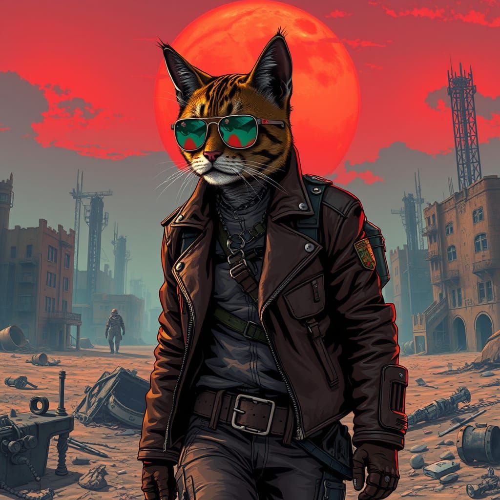 Cyborg Cat Wanderer in Post-Apocalyptic Wasteland
