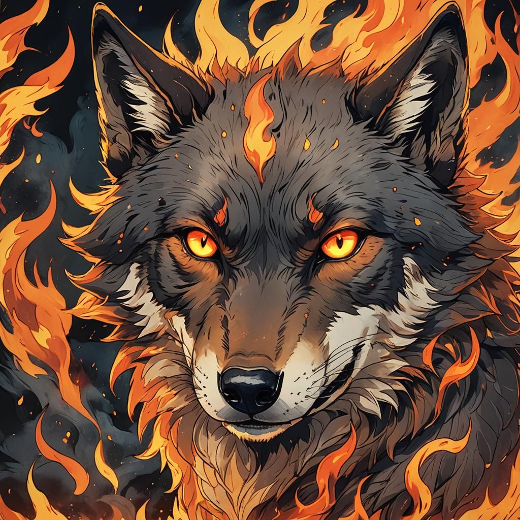Intense Anime Wolf Goddess Surrounded by Blazing Flames