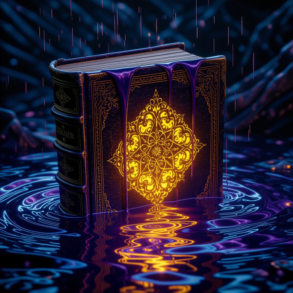 Melting Cryptic Book in Silver Liquid, Detailed Digital Art