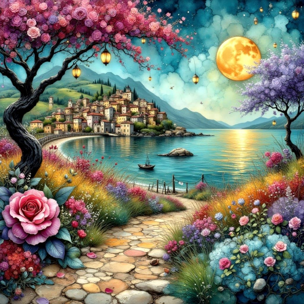 Whimsical Abstract Landscape at Dusk, Watercolor Ink Style