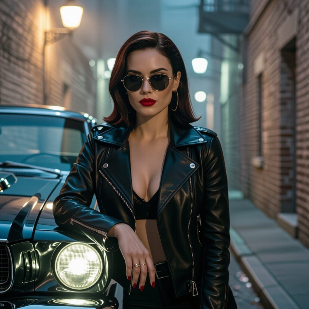 Edgy Woman in Leather Jacket by Muscle Car