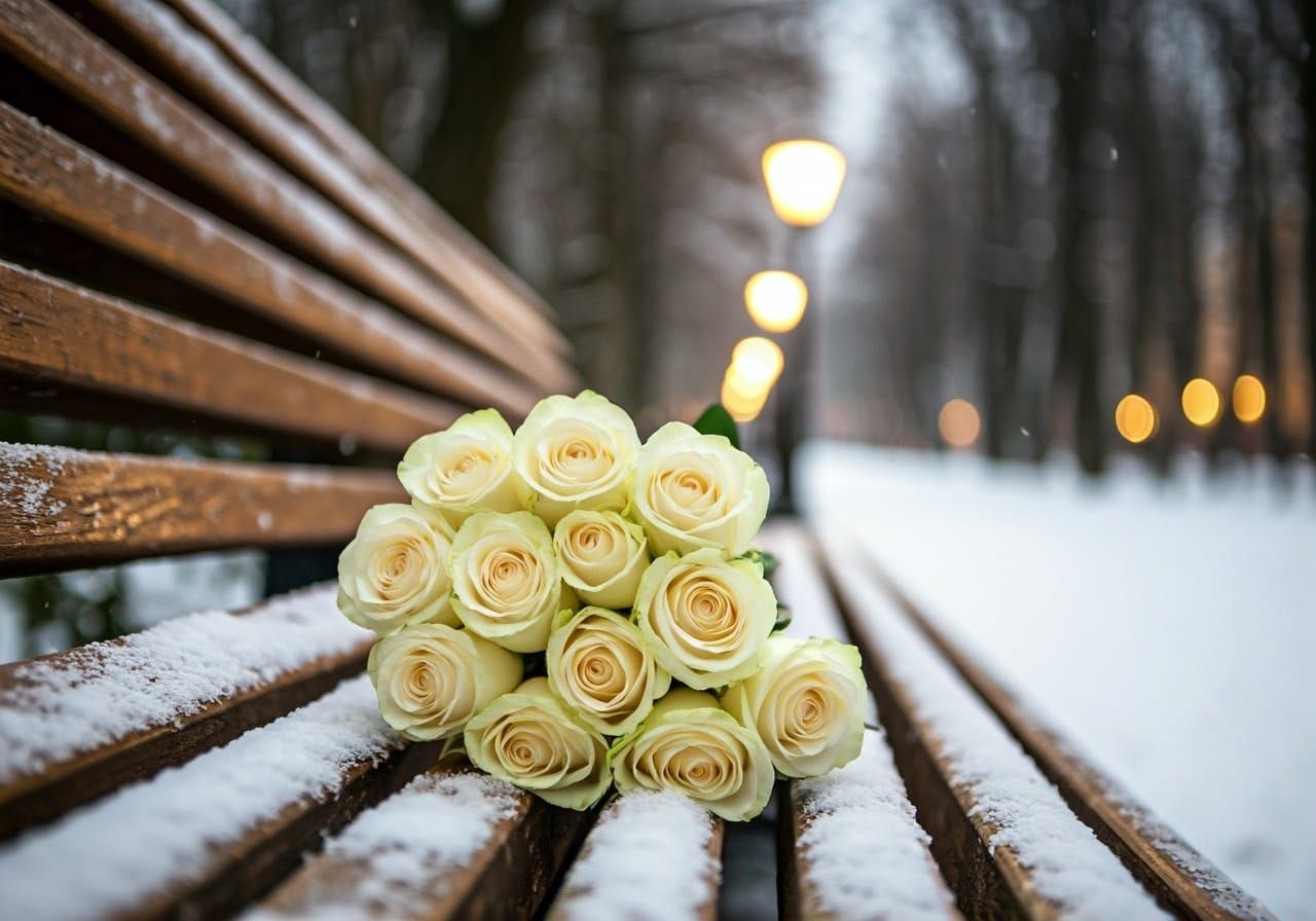 Impressionist Winter Bouquet on Weathered Bench