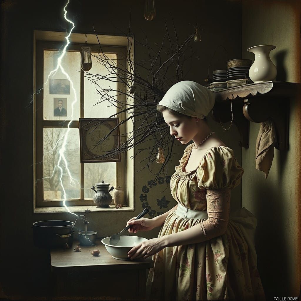 Surreal Scullery Scene with Meticulous Housekeeper