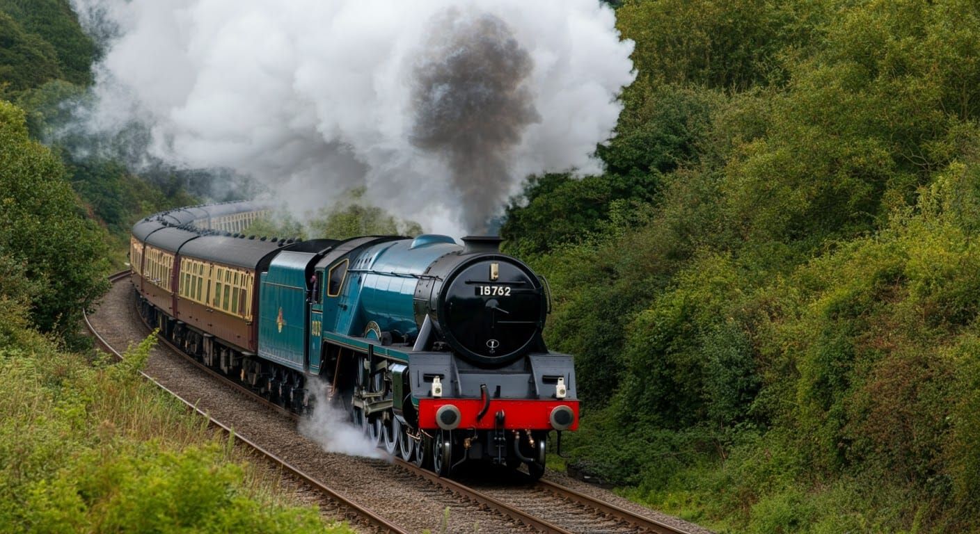 Vibrant Blue Vintage Steam Train Chugging Along Countryside...