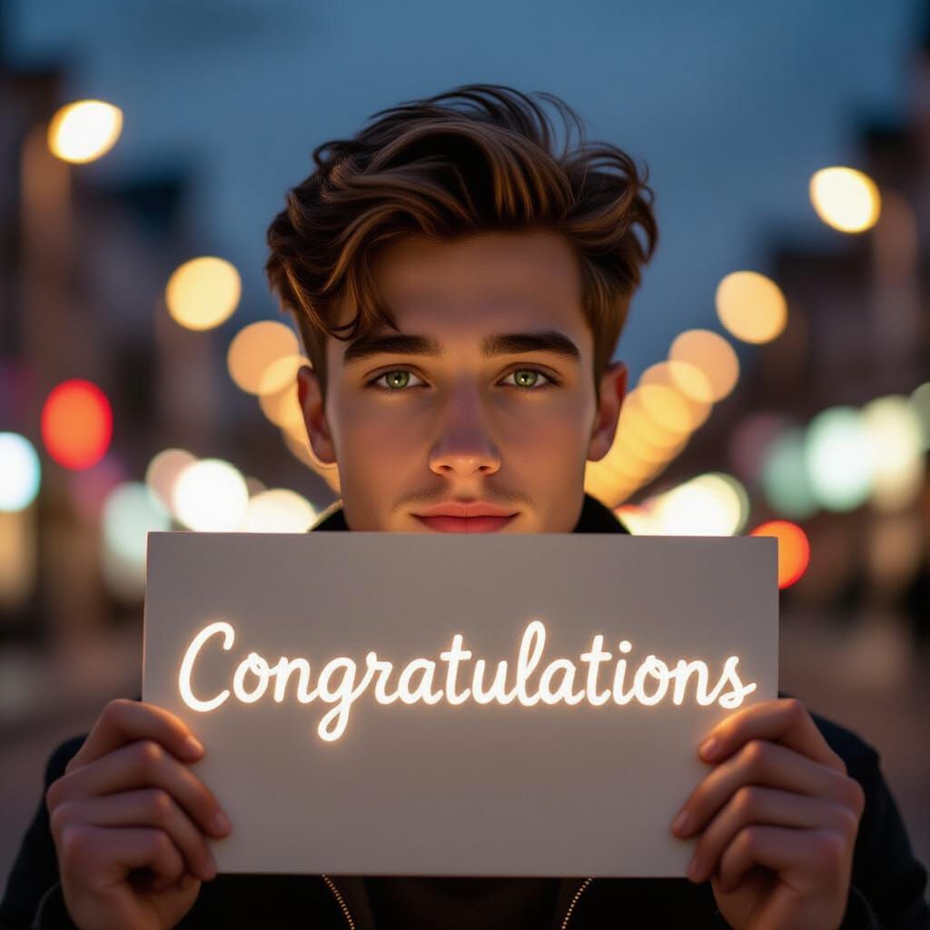 Man Holds "Congratulations" Sign with City Lights Bokeh