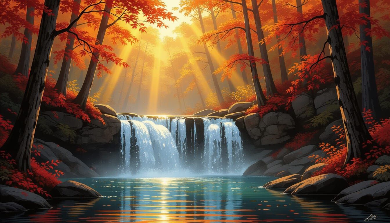 Golden Autumn Waterfall in Ethereal Forest Light