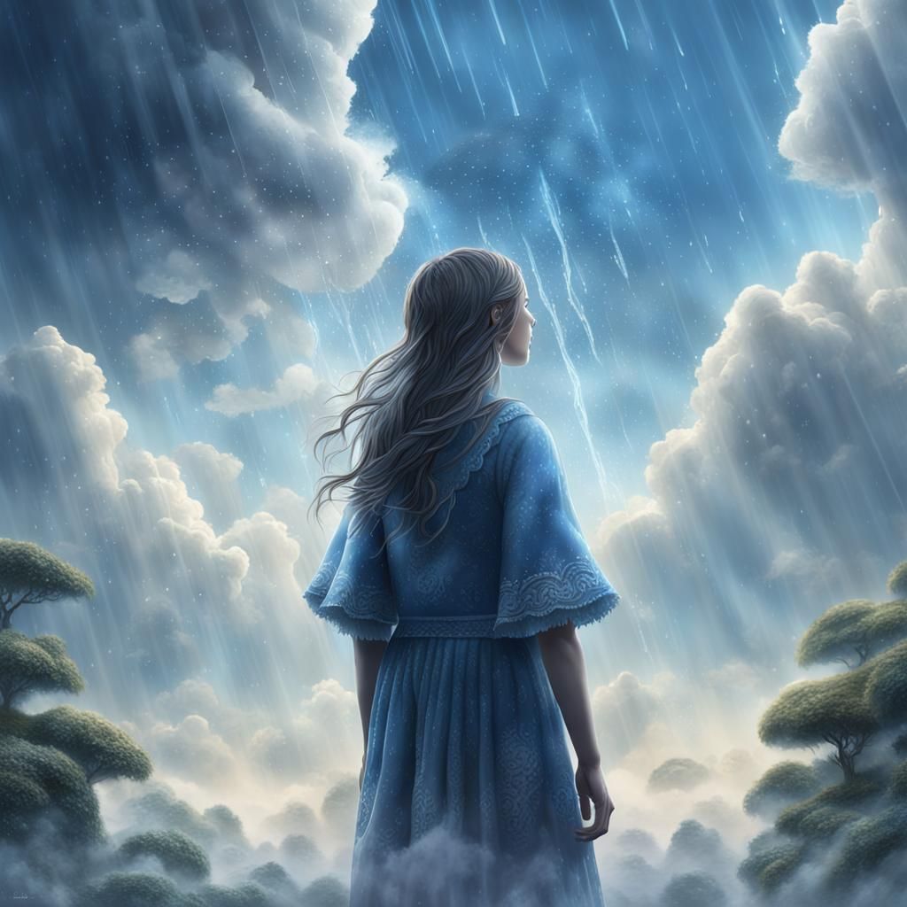 Girl in Ethereal Cloudscape Weeps Tears of Rain