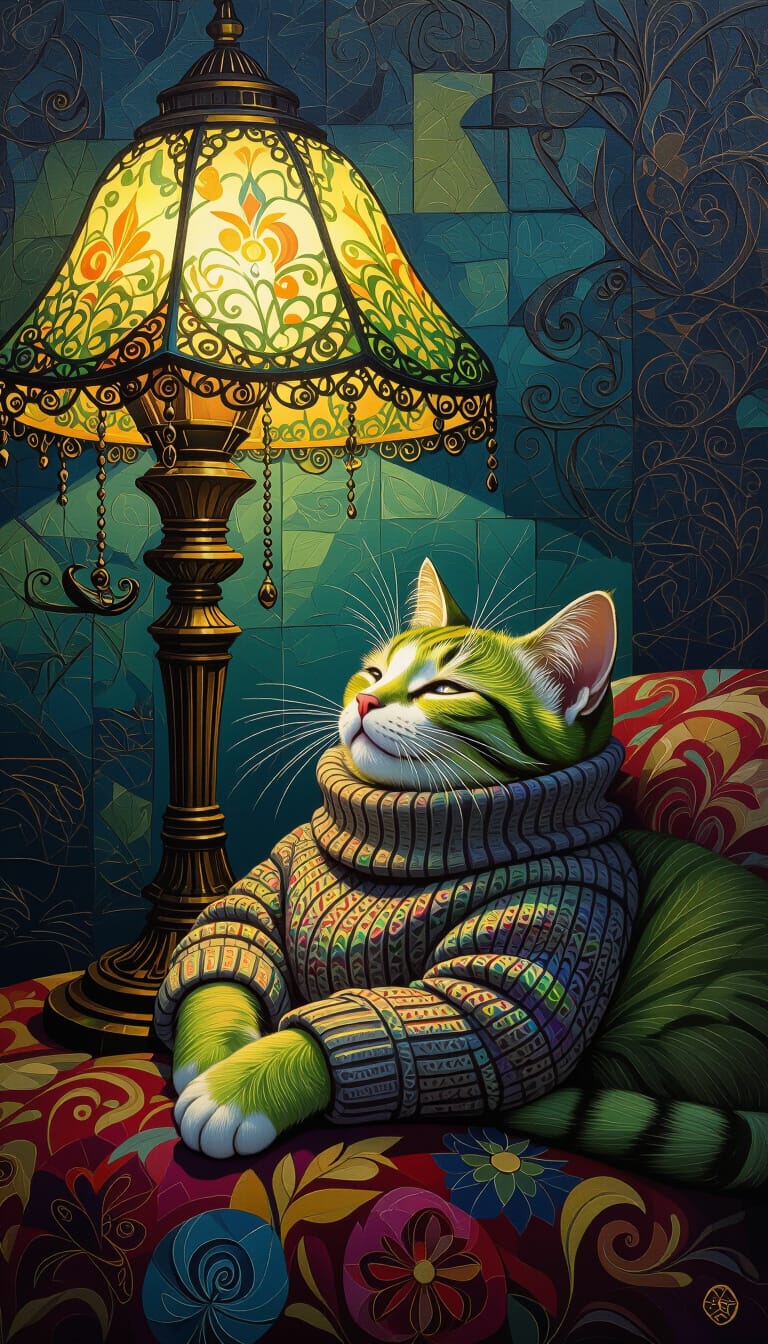 Lime Colored Cat laying under an Electric Powered Lamp with ...