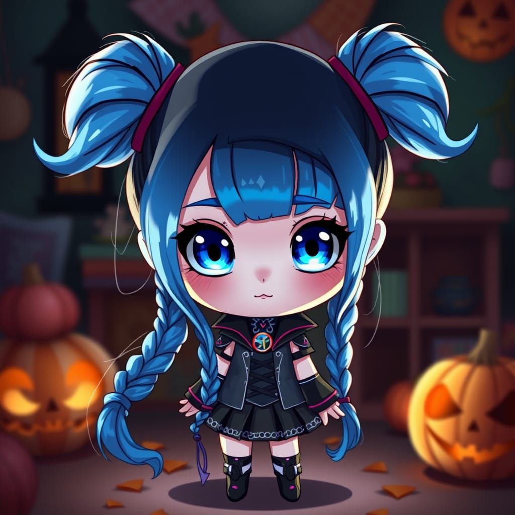 Cute Chibi Jinx in a Playful Halloween Atmosphere