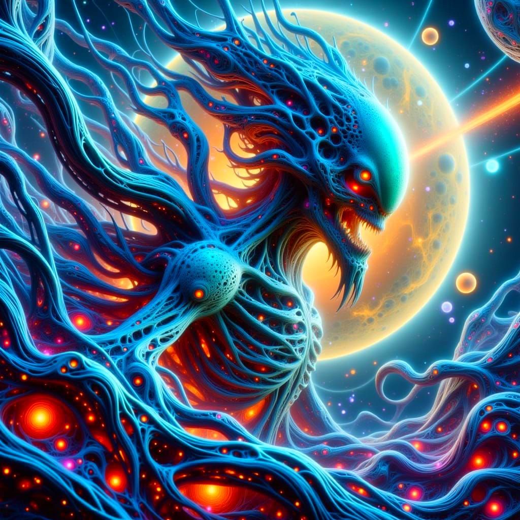 Cyberpunk Alien Skull Overlies Gas Giant Planet in Vibrant H...