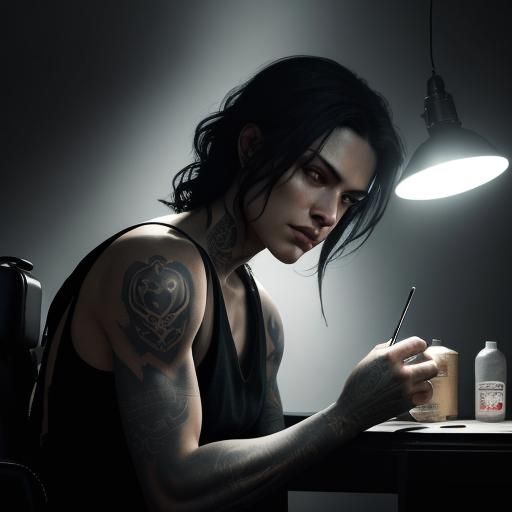 Tattoo Artist at Work in a Dimly Lit Parlor