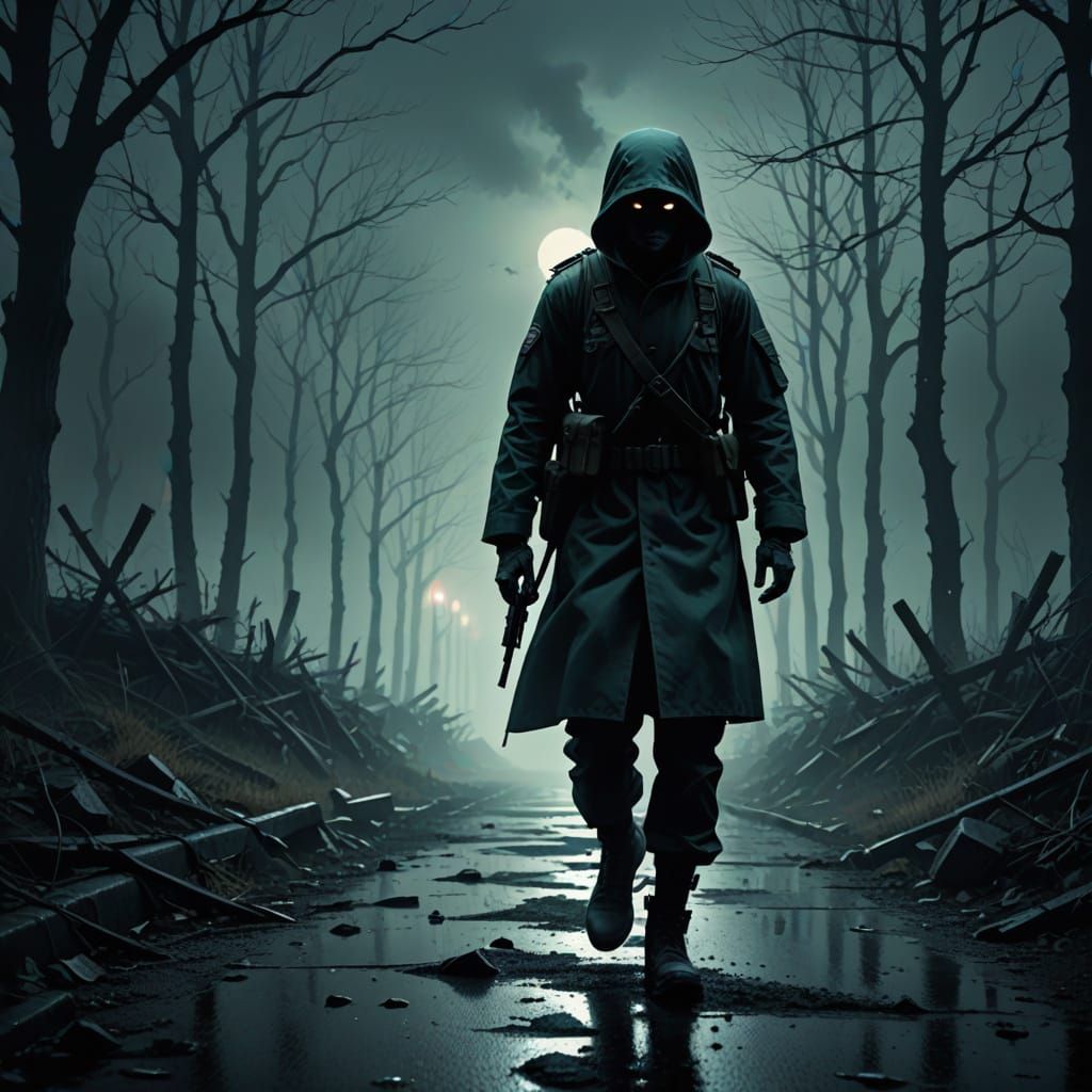 Cyberpunk Soldier Haunted by Ghostly Apparitions in Dark Ani...