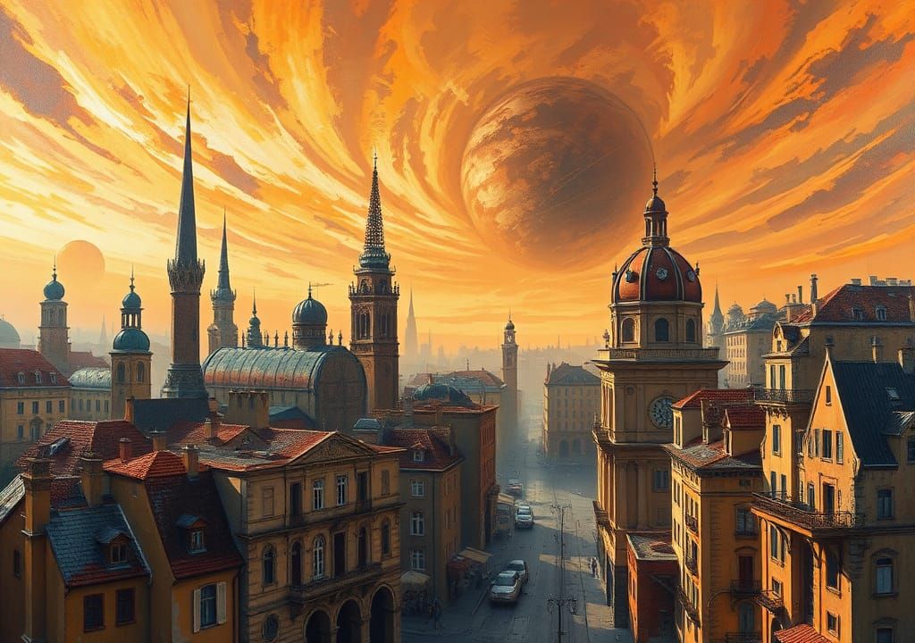 Exoplanet Metropolis with Gravity Anomaly in Vibrant Sunset....