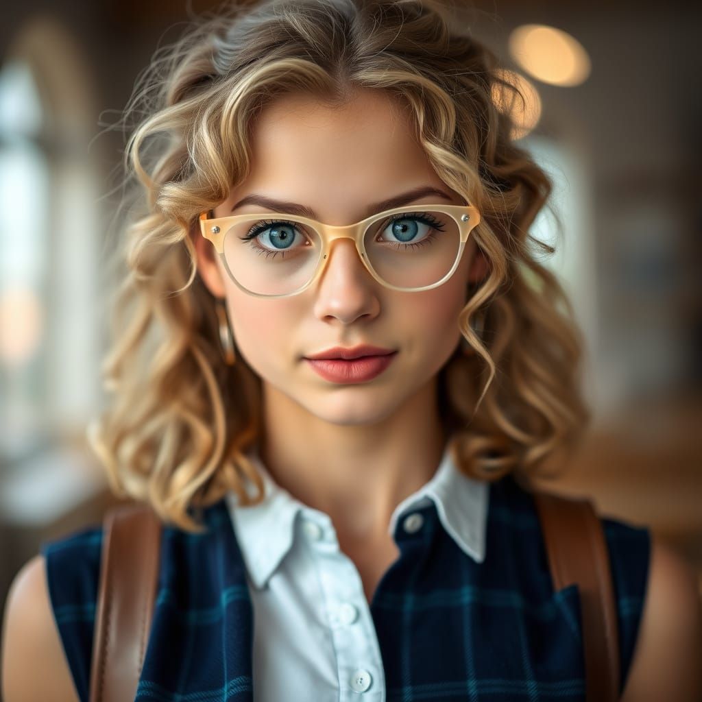 Young Woman with Bright Blue Eyes and Curly Blonde Hair