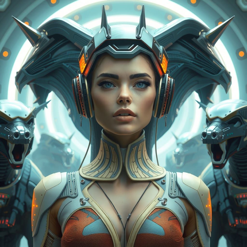 Futuristic Woman Surrounded by Aggressive Synthetic Beasts