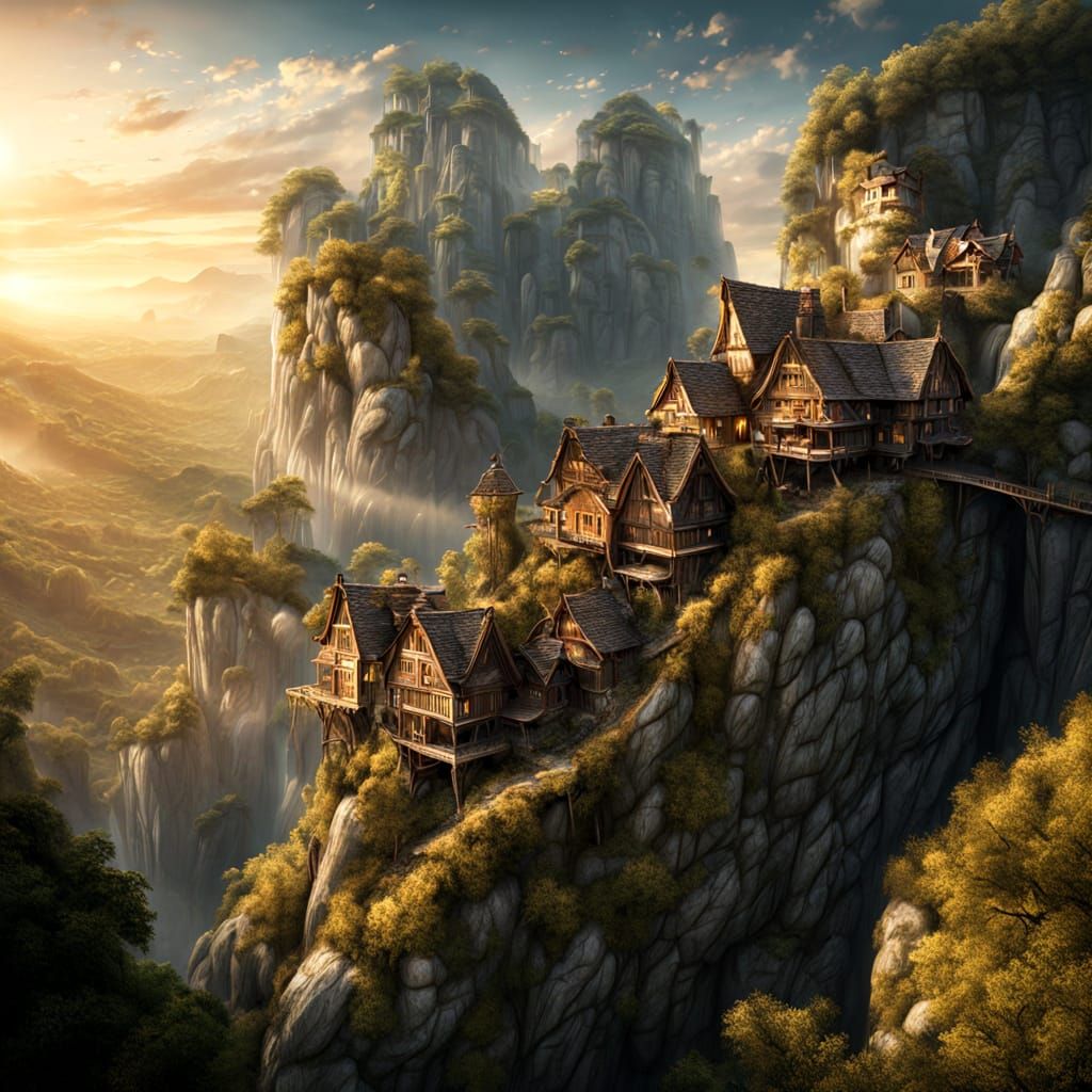 Rivendell-like Village on Cliffside in Warm Sunlight