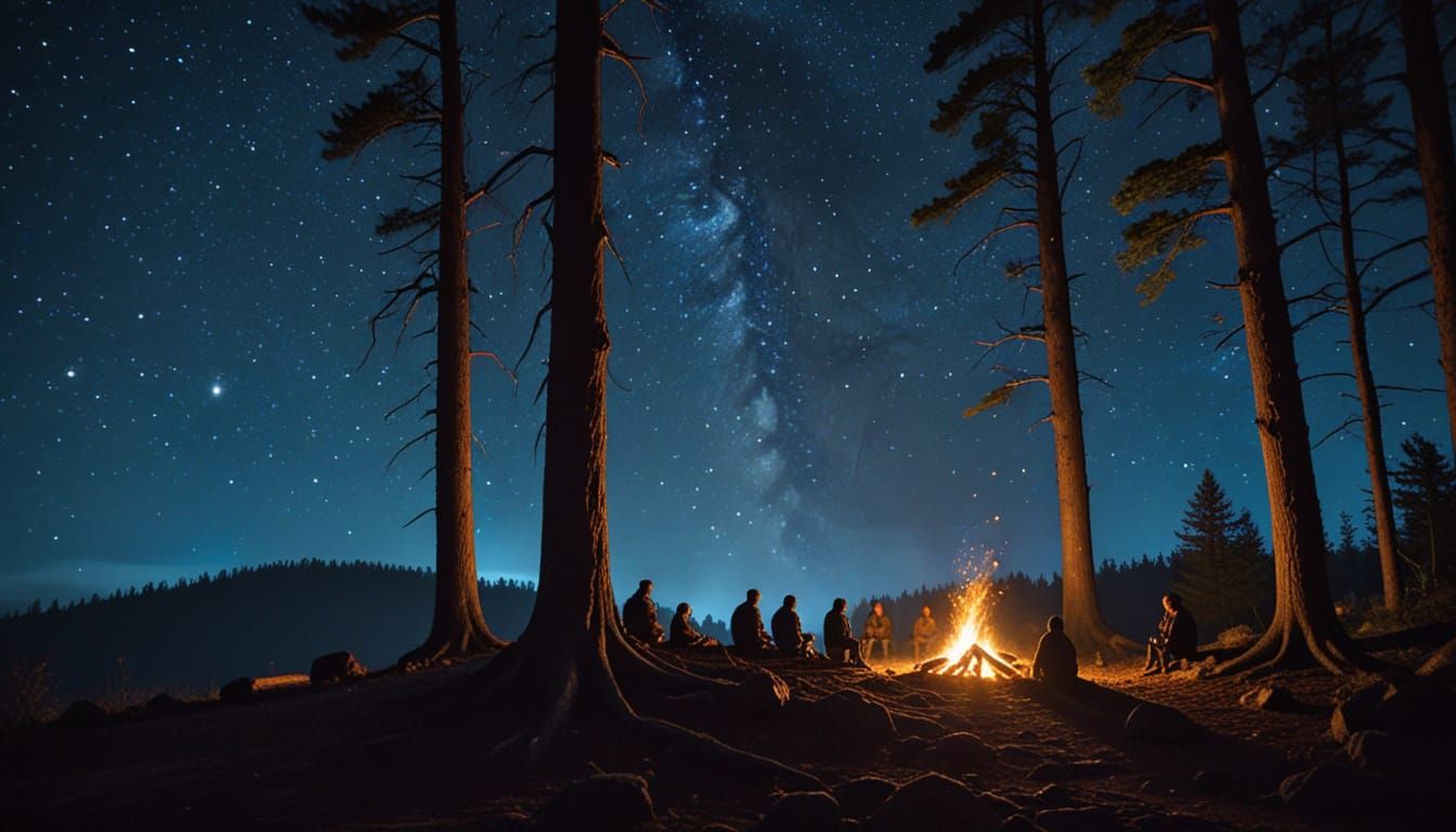 Campfire Gathering Under Starry Night Sky
