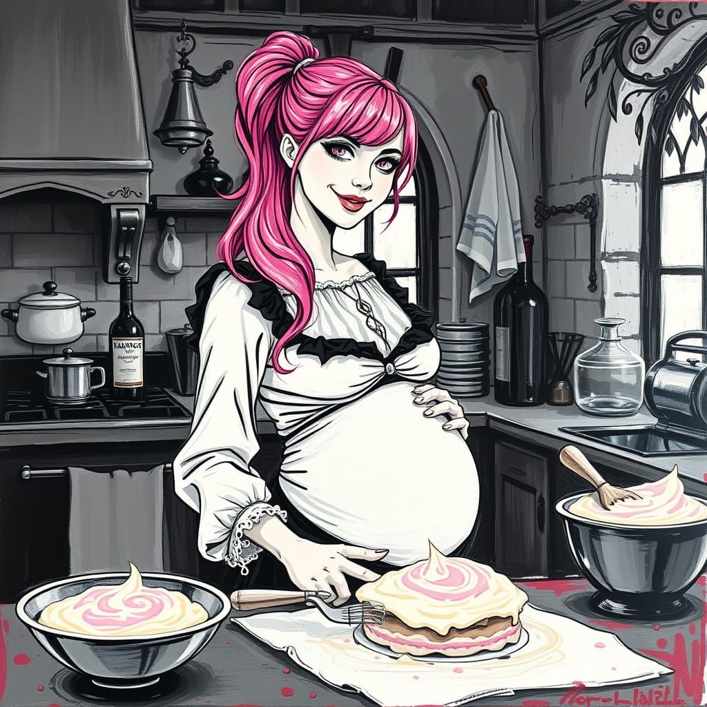 Gothic Woman Mixes Cake in a Black and White Kitchen