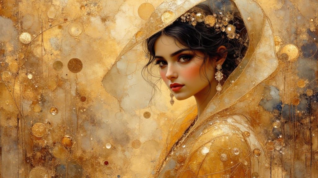 Veiled Woman in Desert, Klimt-Inspired Digital Art