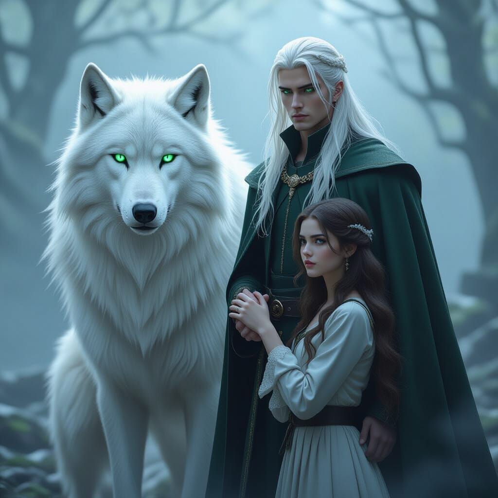Majestic White Wolf With Emerald Eyes In Mystical Forest