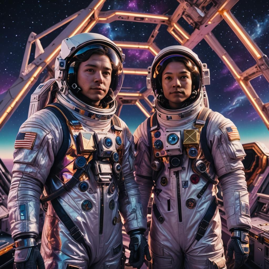 Cinematic Spacecraft Portrait with Astronauts in Iridescent....