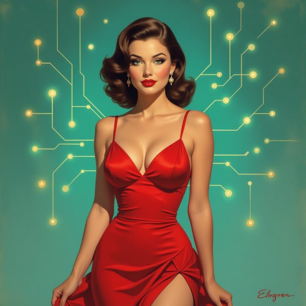 1950s Pin-Up with Circuit Overlay in Impressionist Style