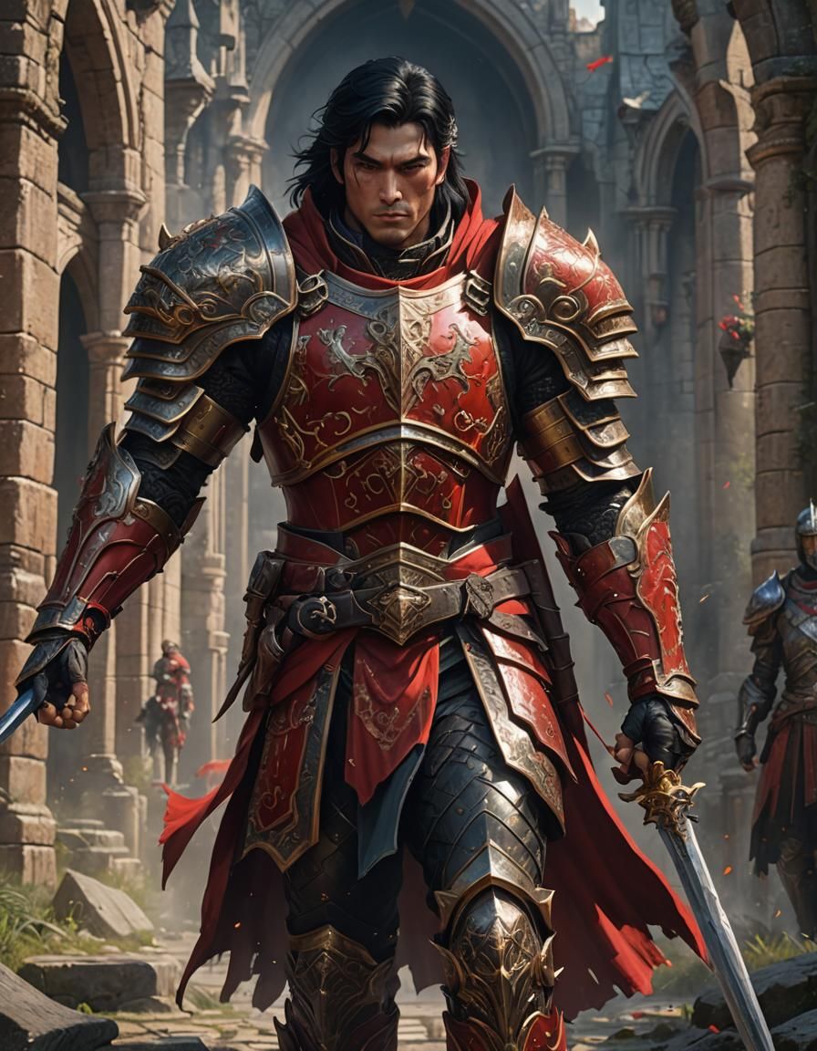 Epic Fantasy Paladin in Detailed Red Armor