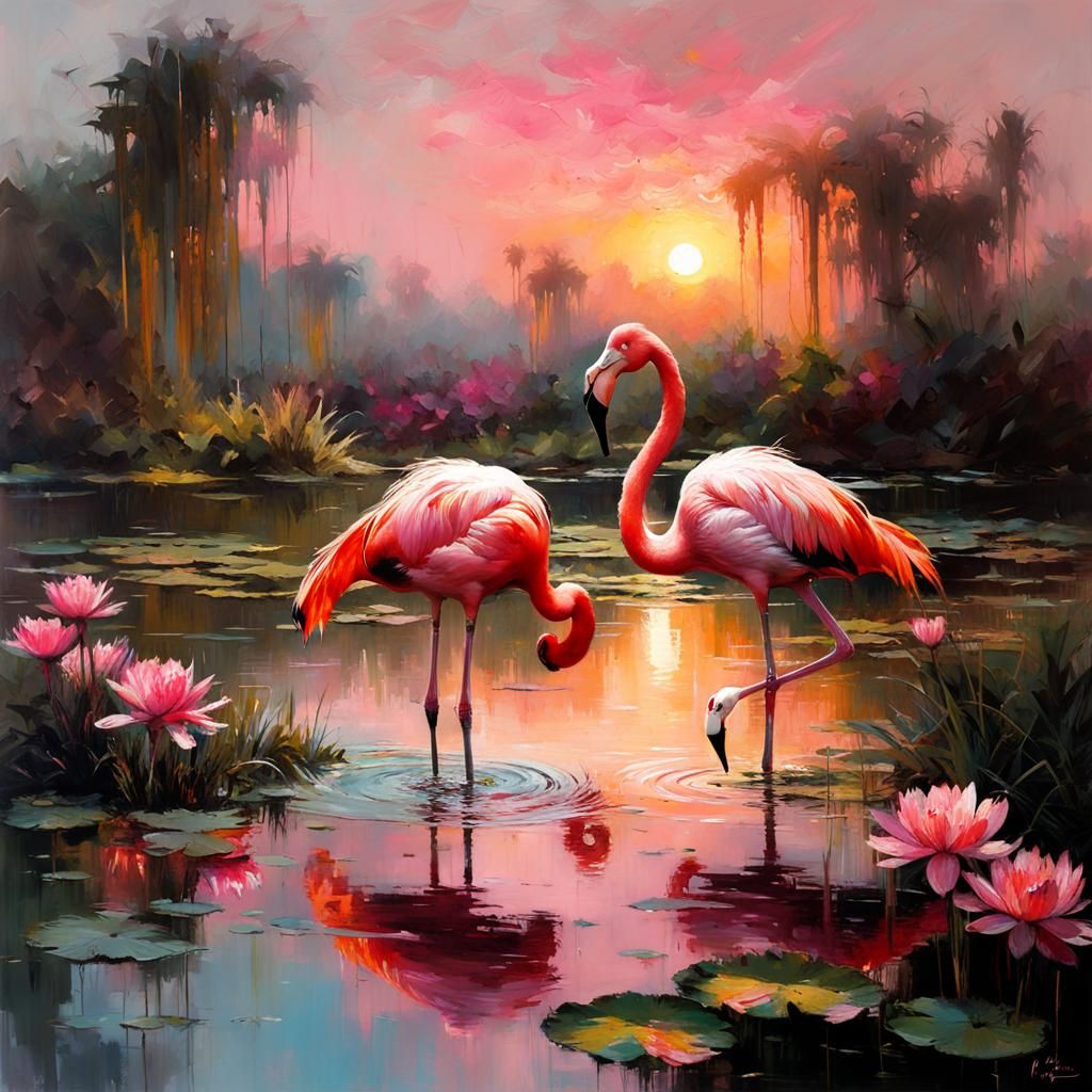 Vibrant Flamingos at Sunset in a Detailed Matte Painting