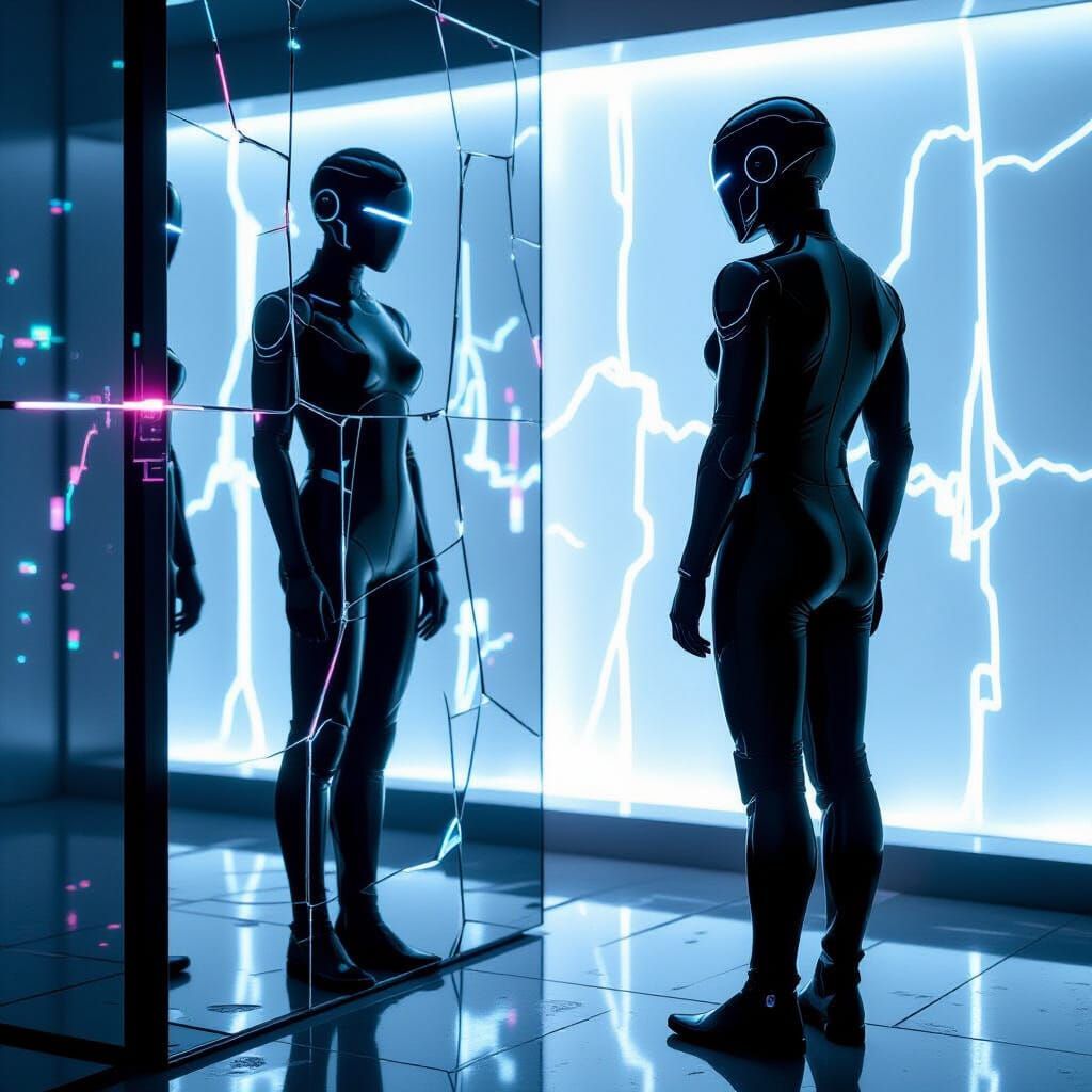 Futuristic AI Humanoid Gazing into a Glitching Mirror