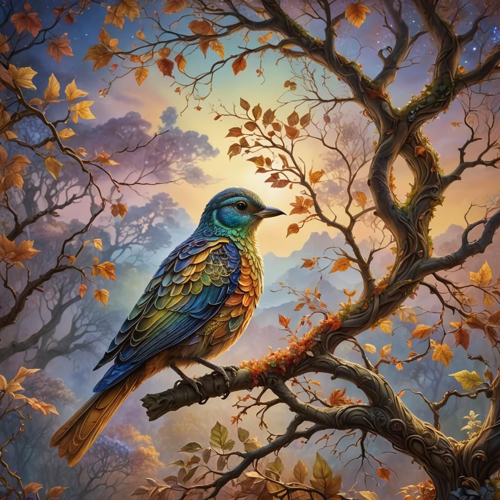 Autumn Tree Bird in Dreamy, Whimsical Scene