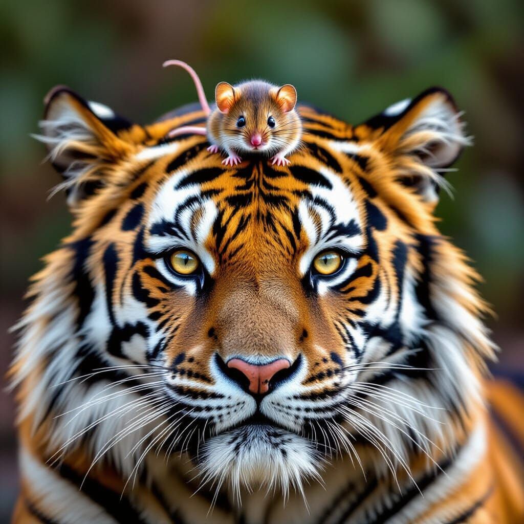 Tiny Mouse on Huge Tiger Hyperrealistic Photo