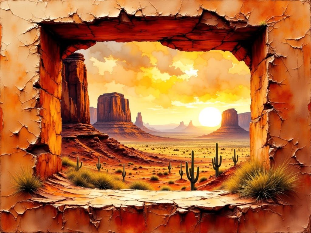 Monument Valley Sunset Through Adobe Window, Watercolor Styl...