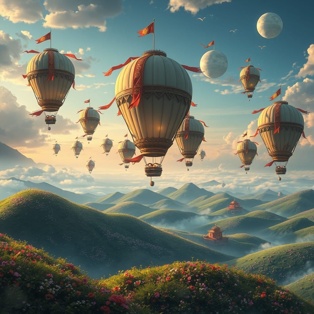 Surreal Airships Drift Above Vibrant Floral Hills in a Fanta...