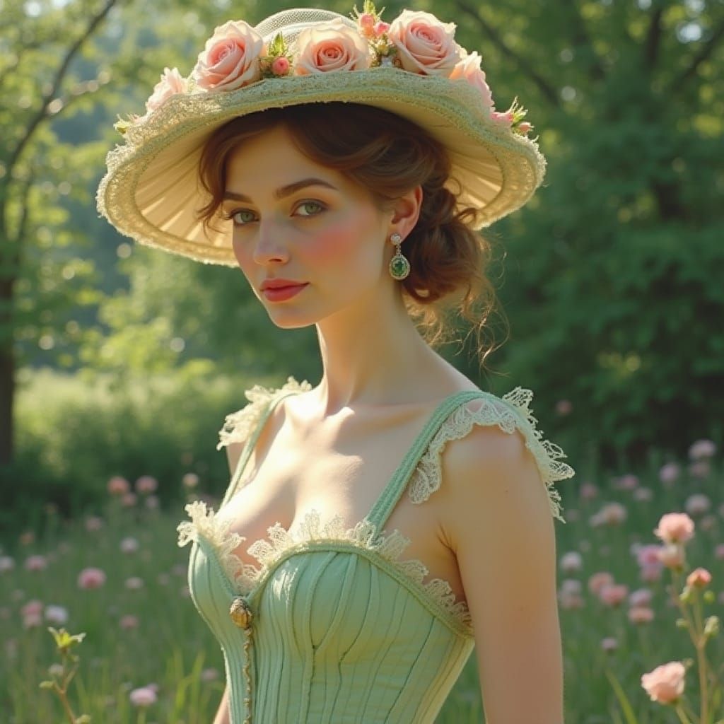 Elegant Woman in Garden: Art Nouveau and Impressionism