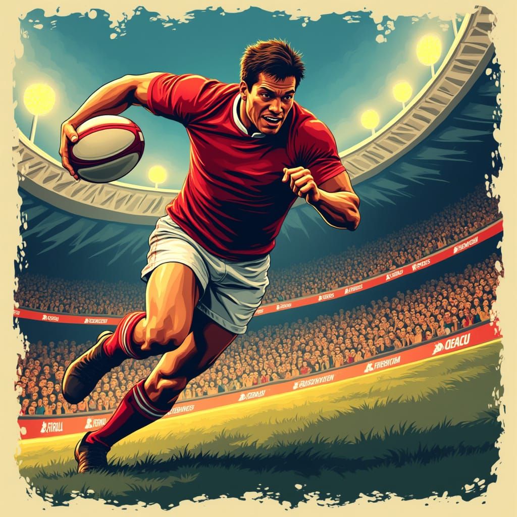 Rugby Player Tackle Poster in Vintage Sports Style