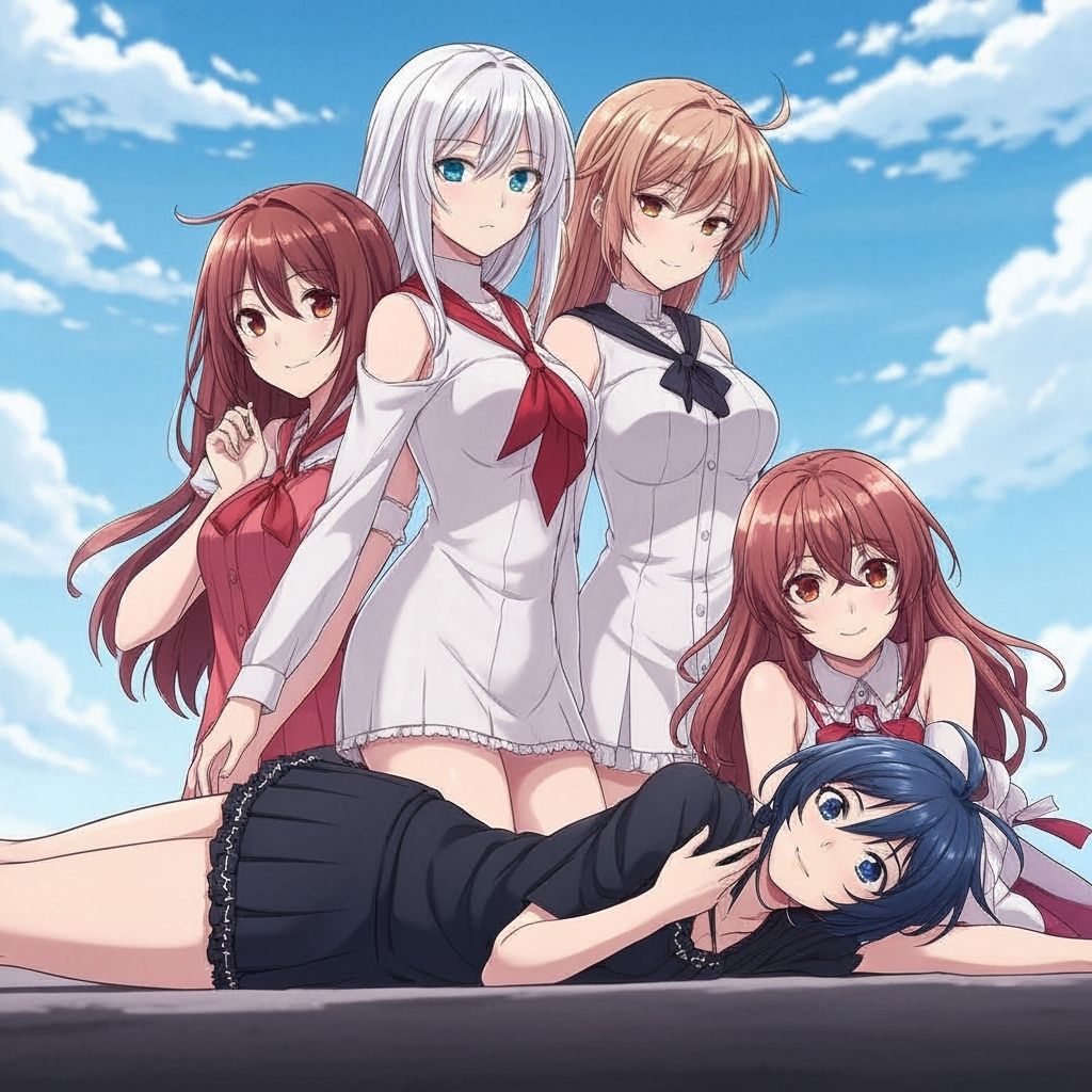 Three Anime Girls Standing, One Lying Down